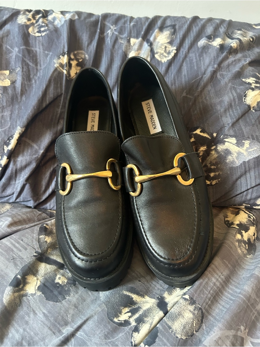 Steve Madden Black Leather Loafers with Gold Horsebit